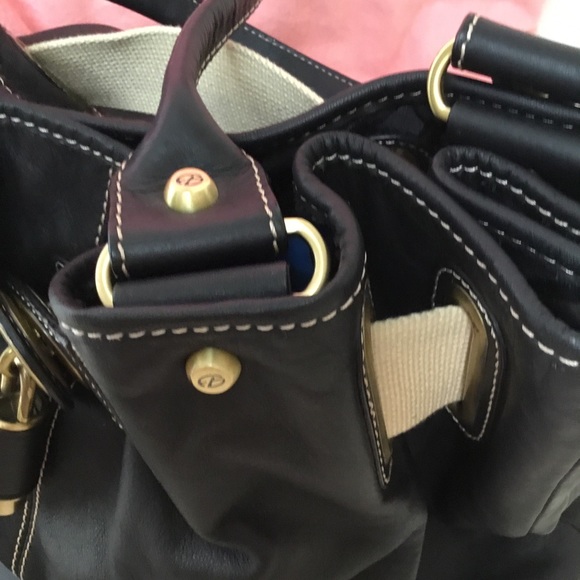 Francesco Biasia Genuine Black Leather Oversized Handbag Push Lock Canvas Strap - Picture 5 of 17